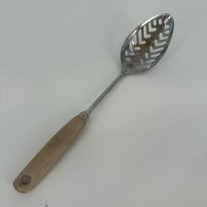 Vintage Ekco Slotted Spoon Approximately 12 inch Wooden Handle Chrome Plated